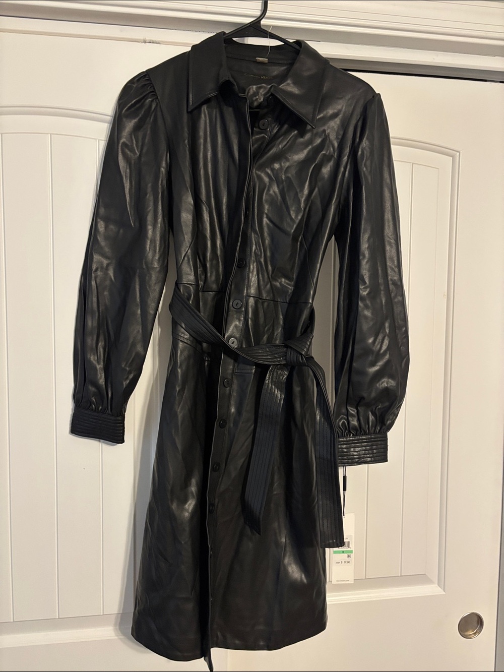 Calvin Klein Black Faux Leather Button-Front Trench with Tie Belt